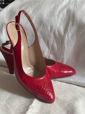 Vintage Bruno Magli Red Leather Slingback Heels 7.5 B Textured Toe